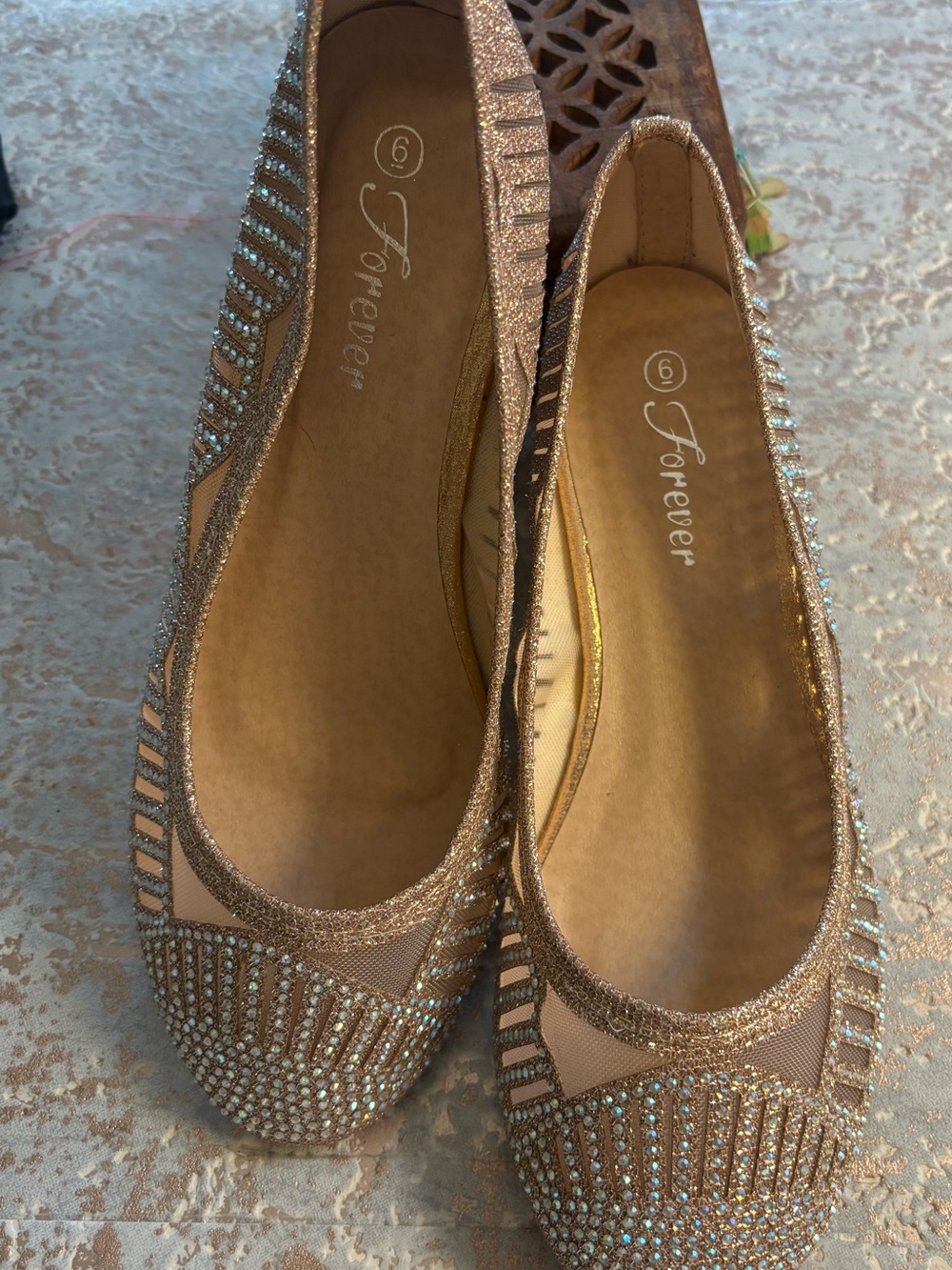 FOREVER Pink Gold Sparkling Rhinestones Ballet Wedge Dress Shoe Size 6 New
